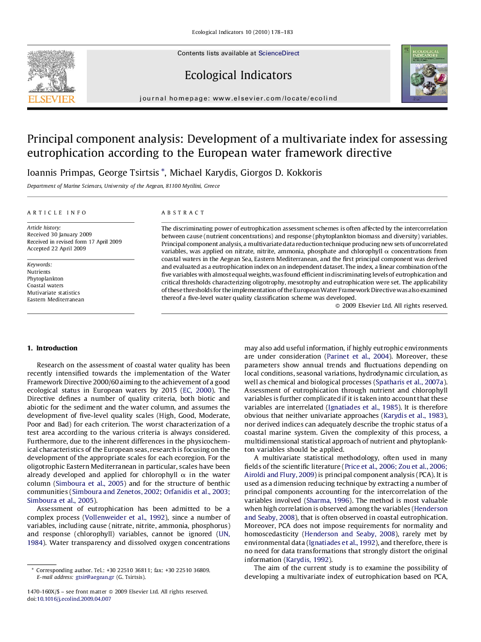 Principal component analysis: Development of a multivariate index for assessing eutrophication according to the European water framework directive