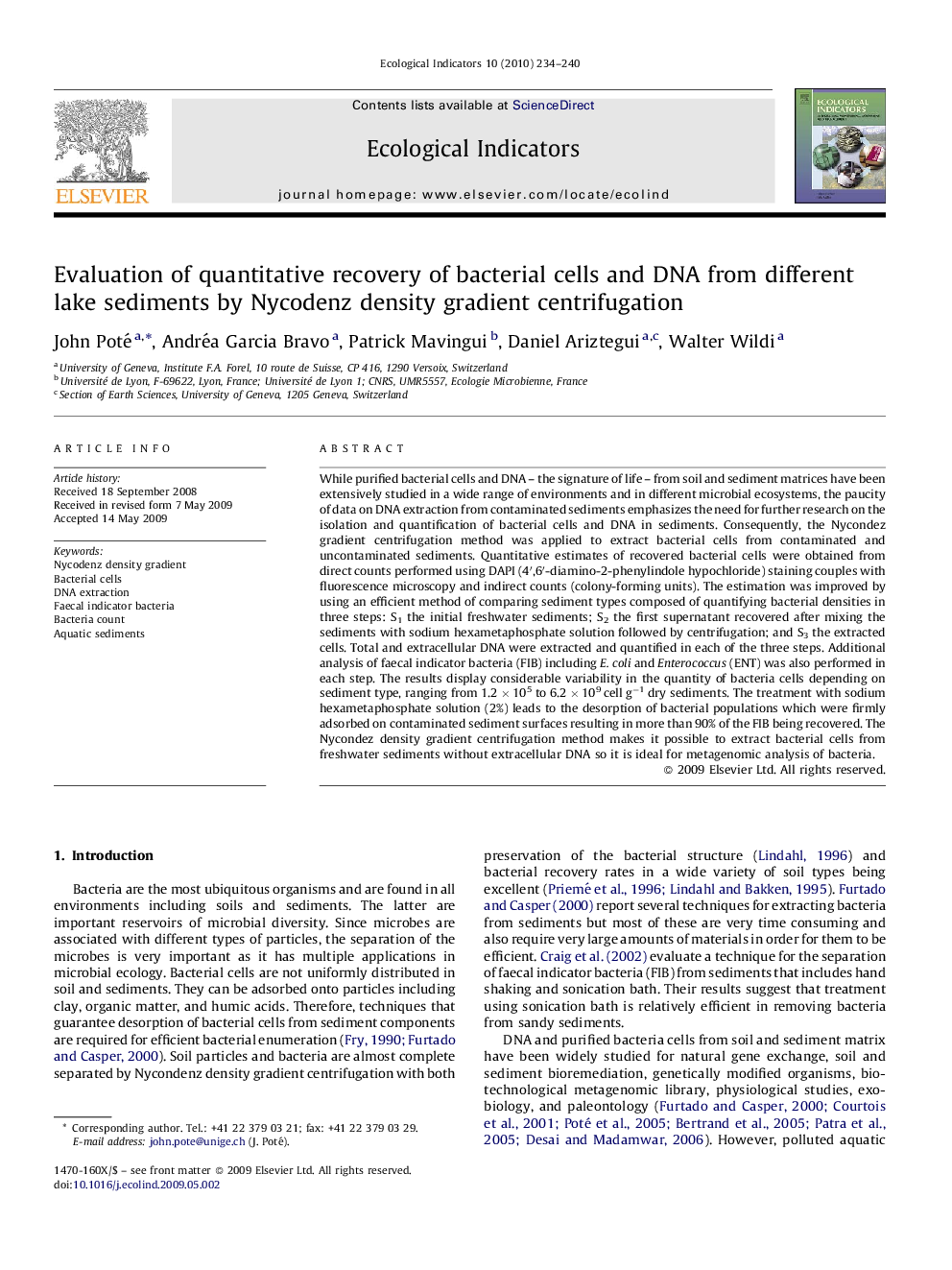 Evaluation of quantitative recovery of bacterial cells and DNA from different lake sediments by Nycodenz density gradient centrifugation