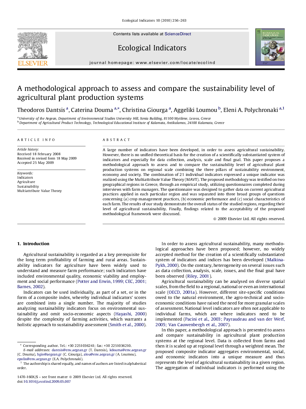 A methodological approach to assess and compare the sustainability level of agricultural plant production systems