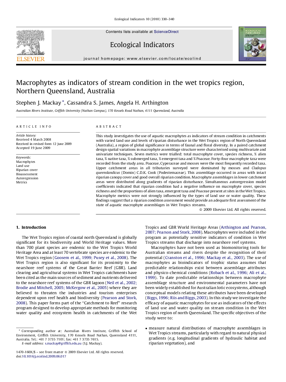 Macrophytes as indicators of stream condition in the wet tropics region, Northern Queensland, Australia