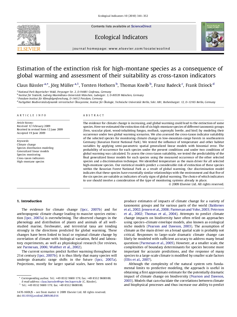 Estimation of the extinction risk for high-montane species as a consequence of global warming and assessment of their suitability as cross-taxon indicators