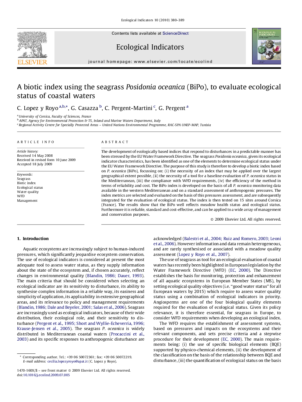 A biotic index using the seagrass Posidonia oceanica (BiPo), to evaluate ecological status of coastal waters