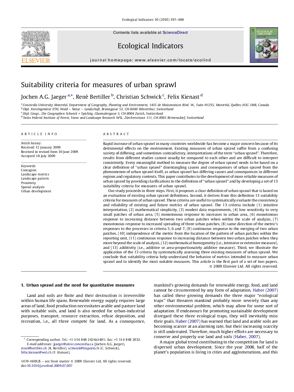 Suitability criteria for measures of urban sprawl