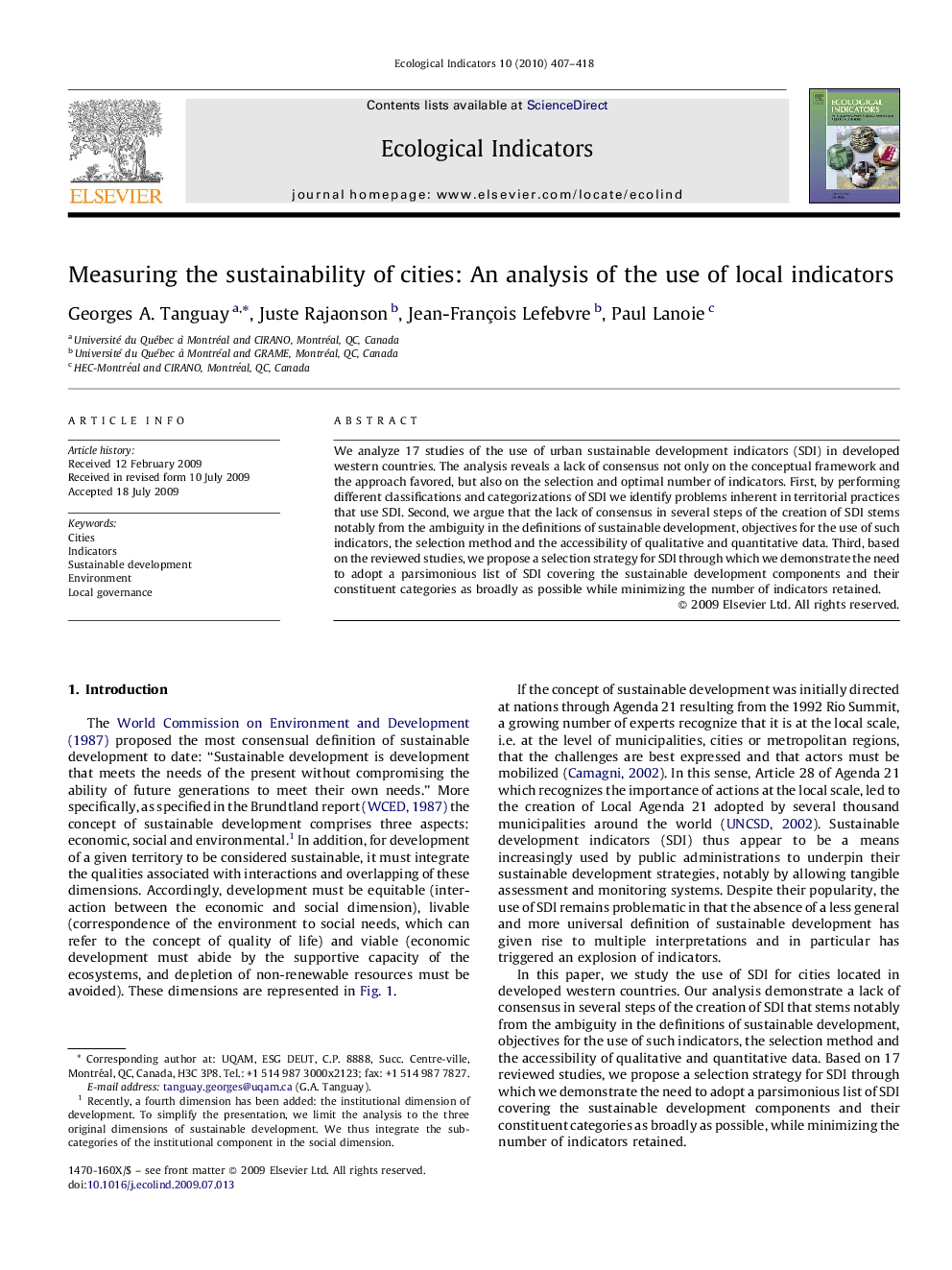 Measuring the sustainability of cities: An analysis of the use of local indicators