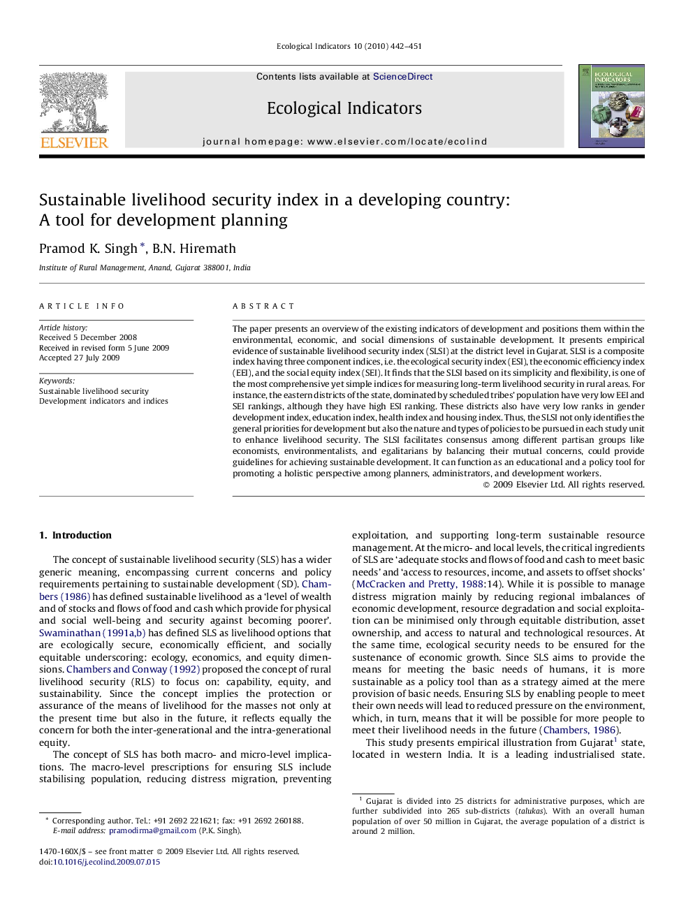 Sustainable livelihood security index in a developing country: A tool for development planning