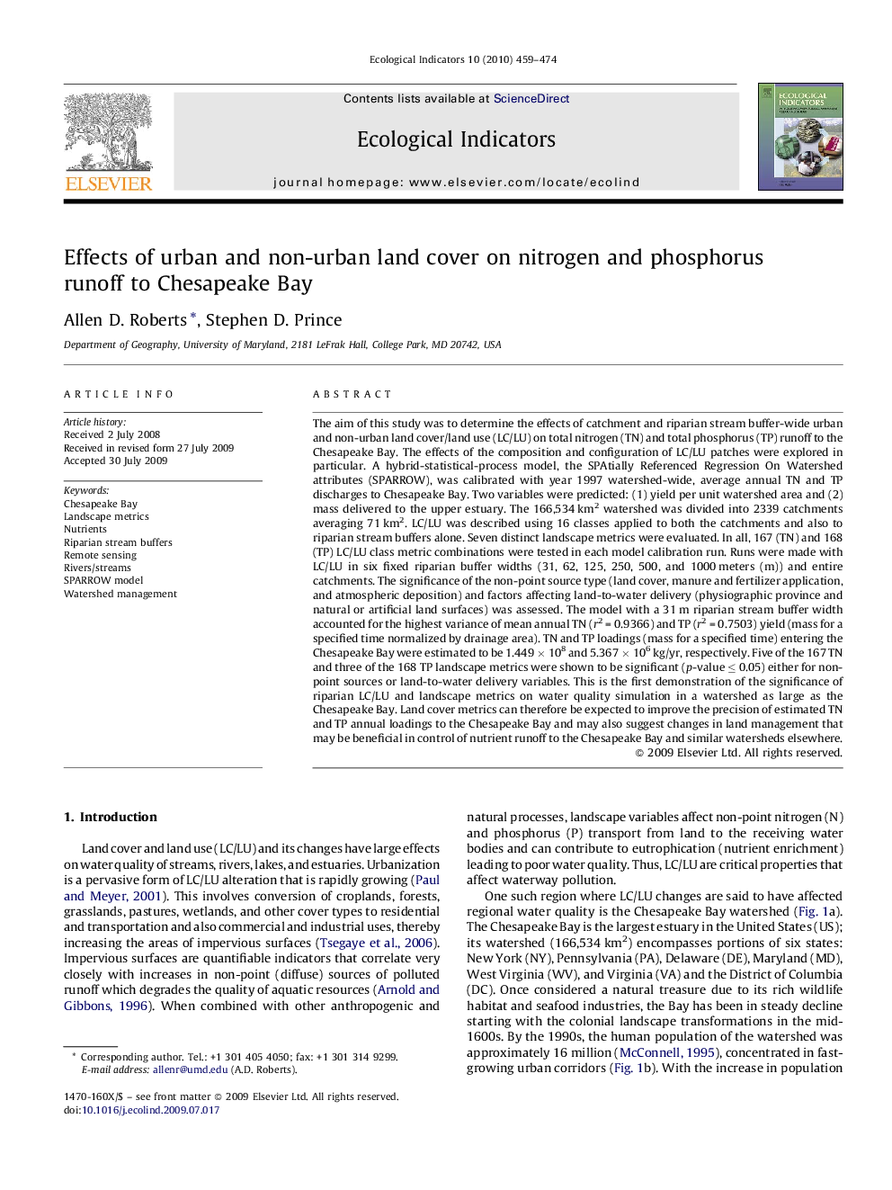 Effects of urban and non-urban land cover on nitrogen and phosphorus runoff to Chesapeake Bay