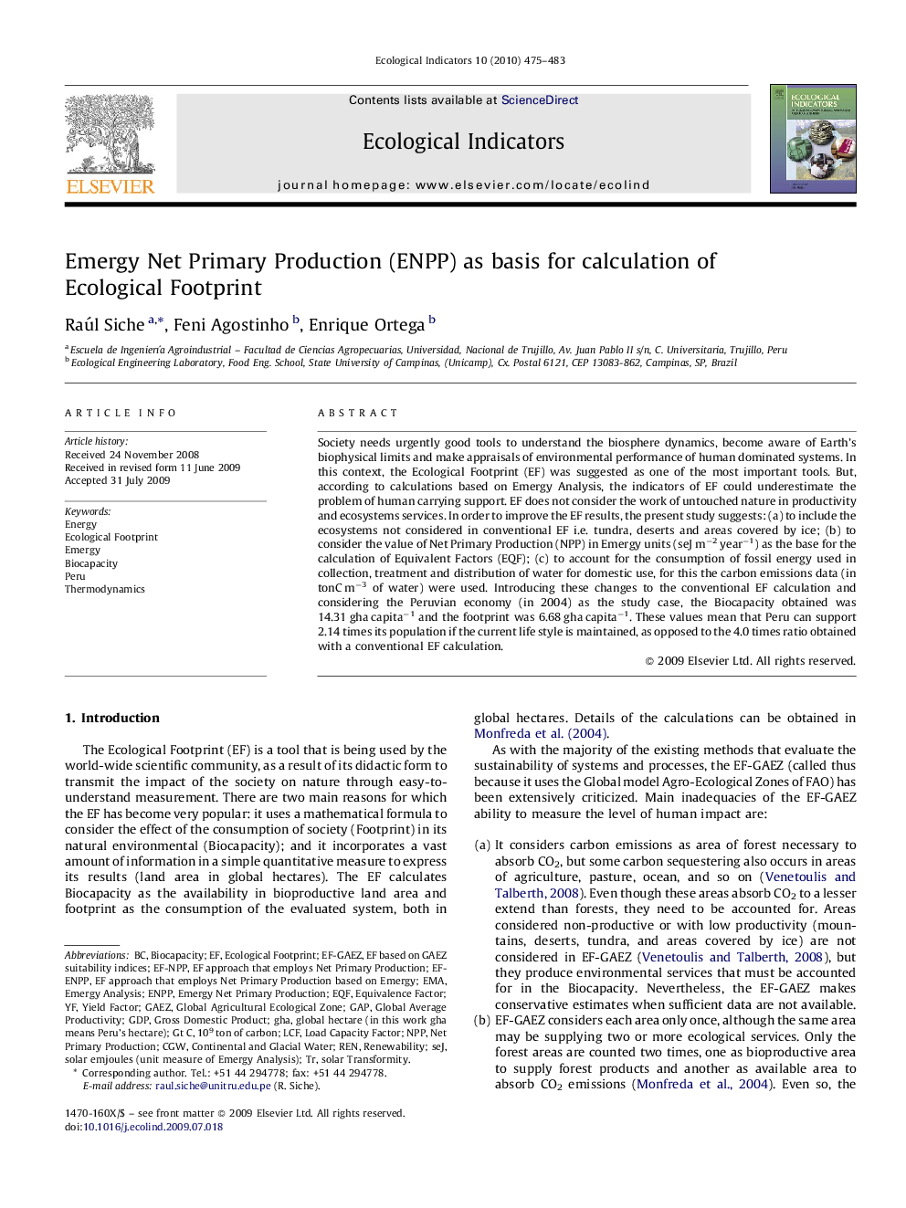 Emergy Net Primary Production (ENPP) as basis for calculation of Ecological Footprint