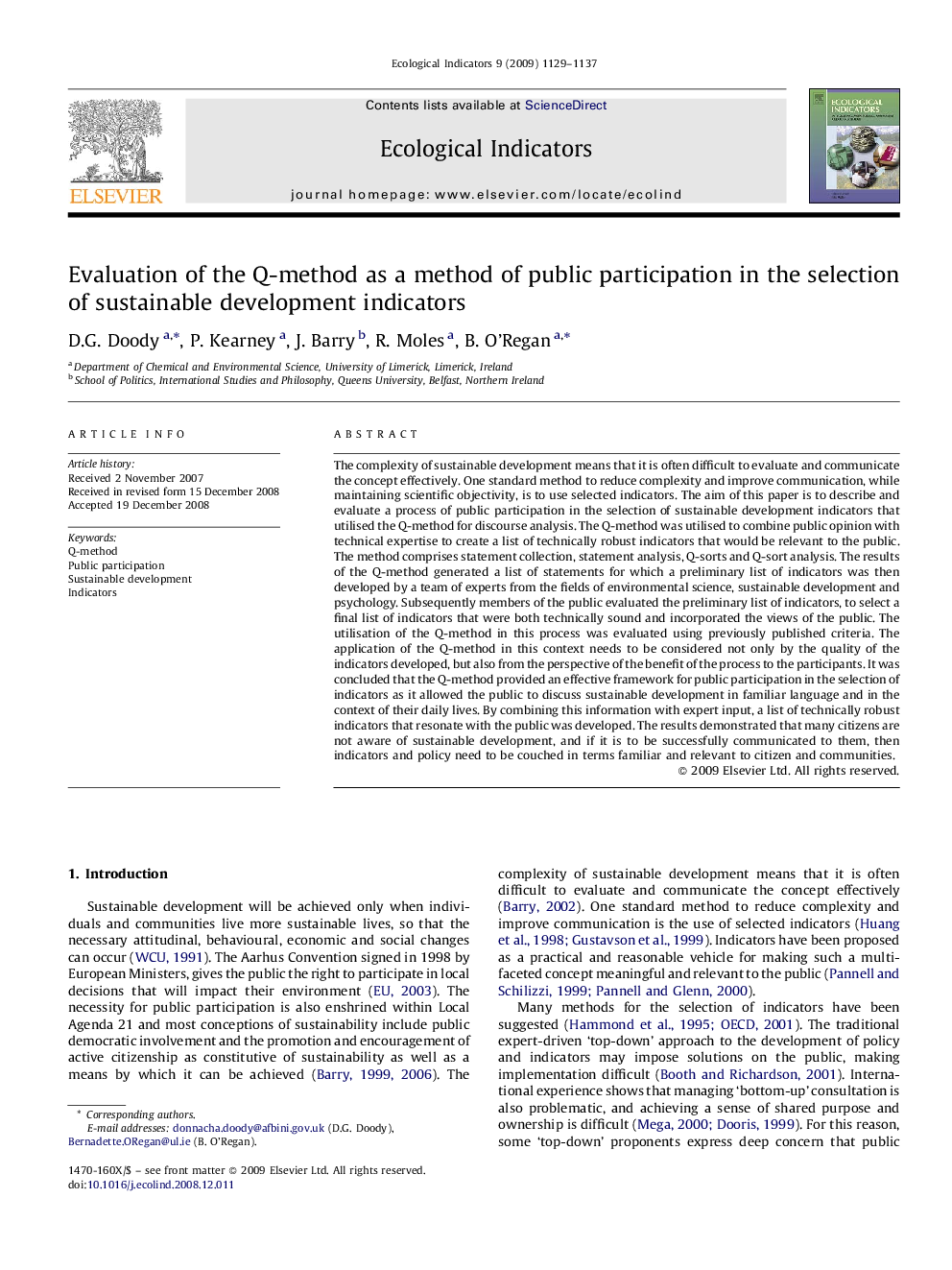 Evaluation of the Q-method as a method of public participation in the selection of sustainable development indicators