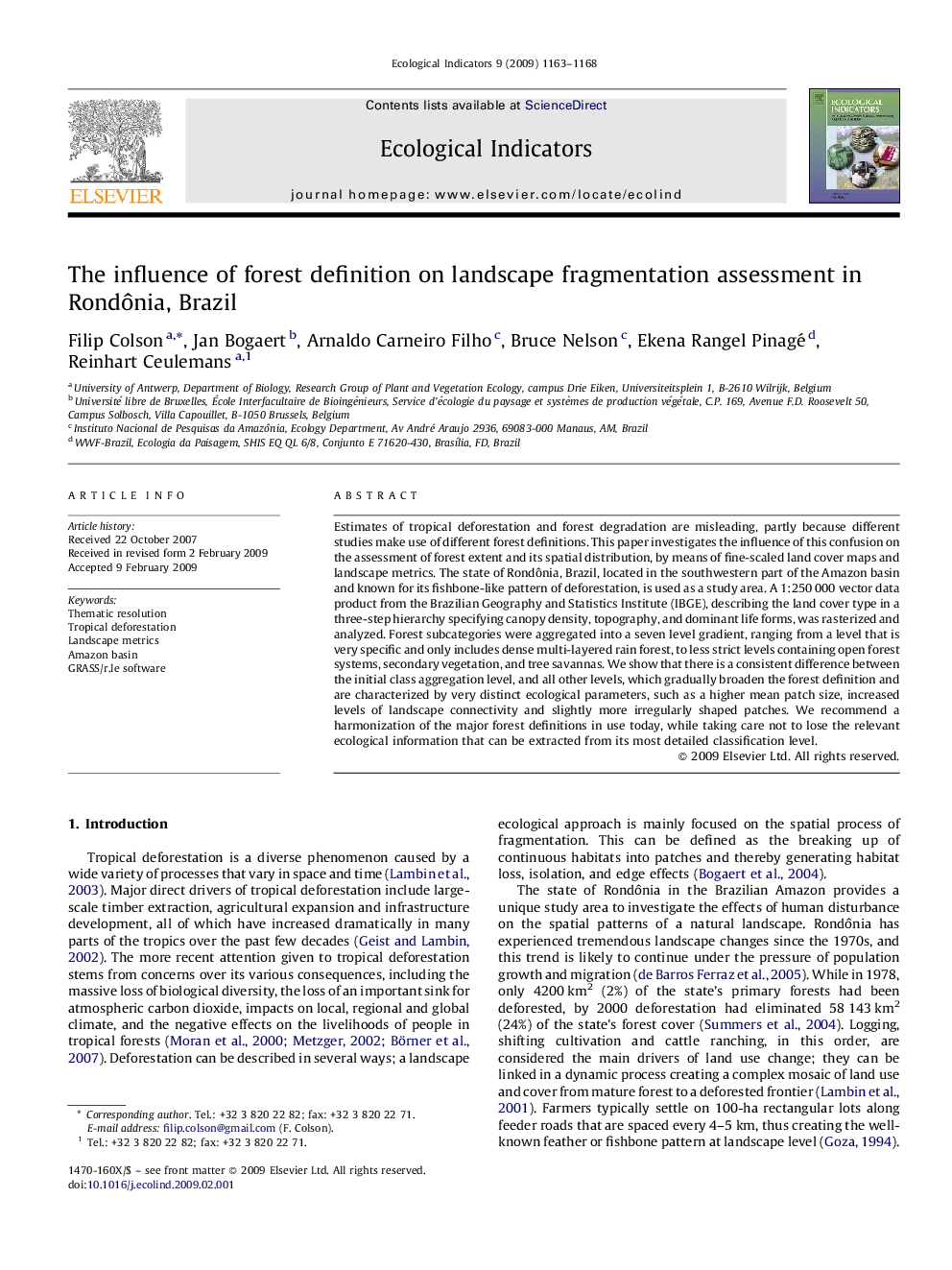 The influence of forest definition on landscape fragmentation assessment in Rondônia, Brazil