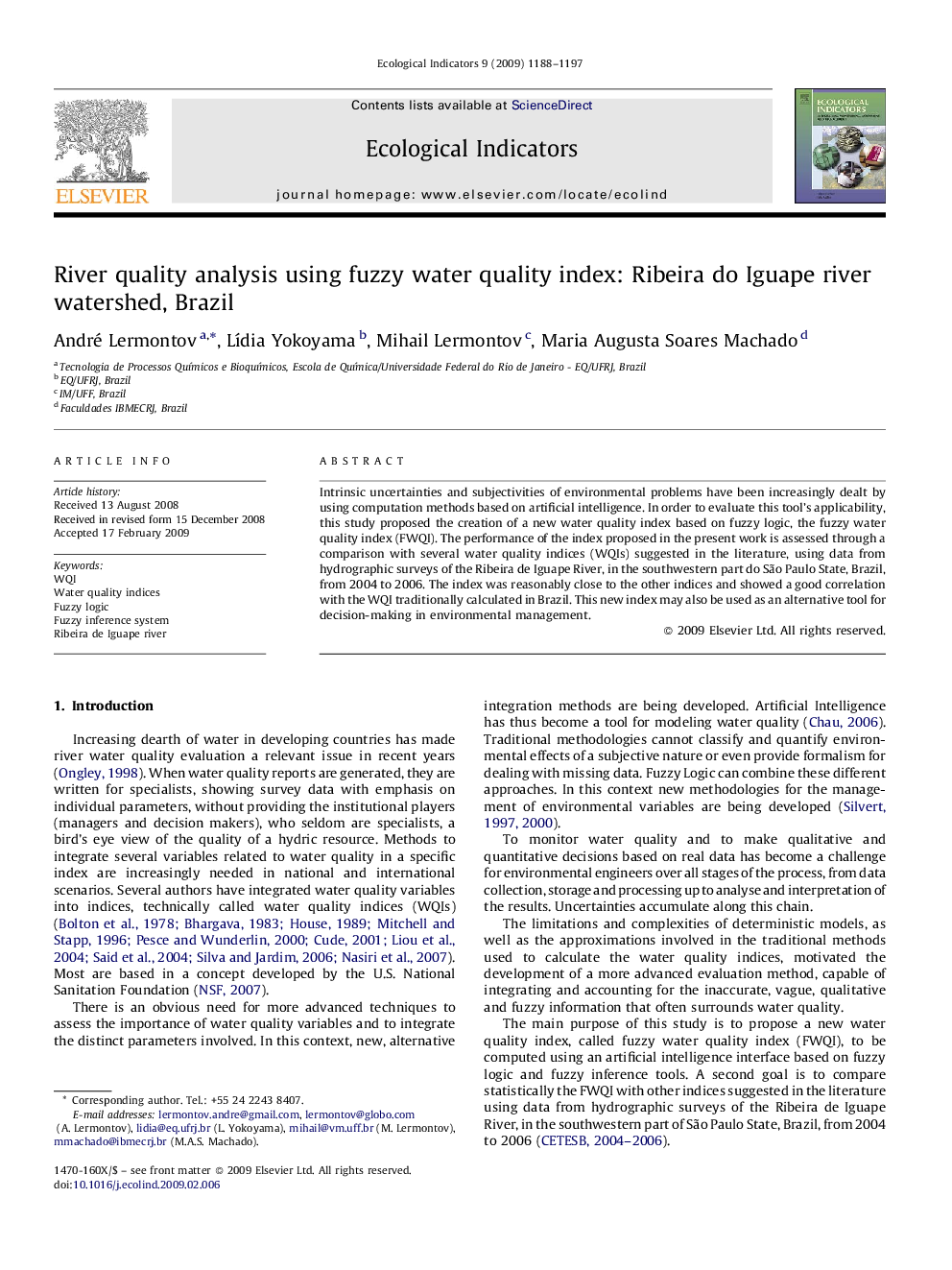 River quality analysis using fuzzy water quality index: Ribeira do Iguape river watershed, Brazil