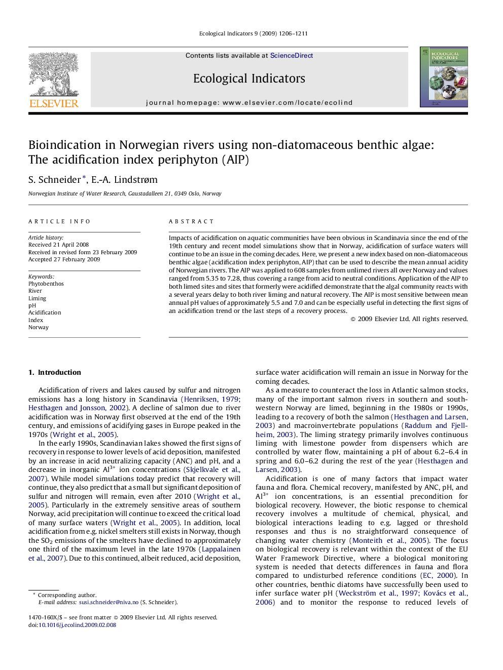 Bioindication in Norwegian rivers using non-diatomaceous benthic algae: The acidification index periphyton (AIP)