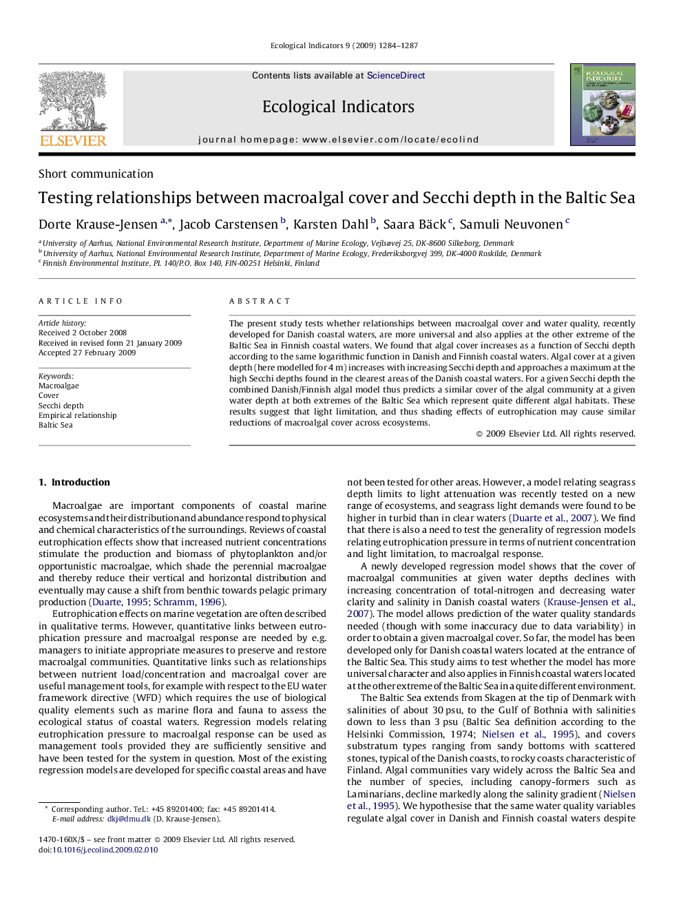 Testing relationships between macroalgal cover and Secchi depth in the Baltic Sea