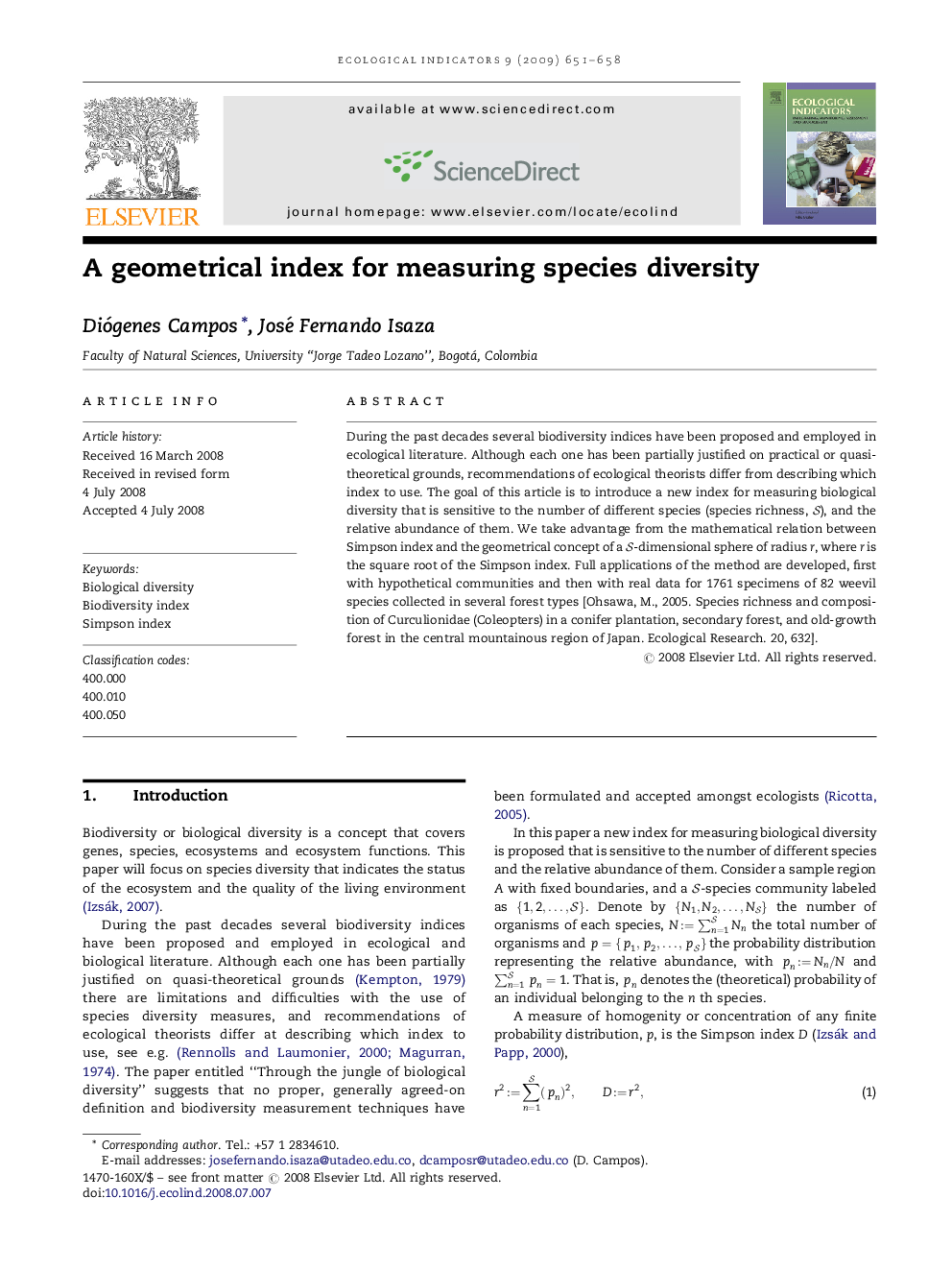 A geometrical index for measuring species diversity