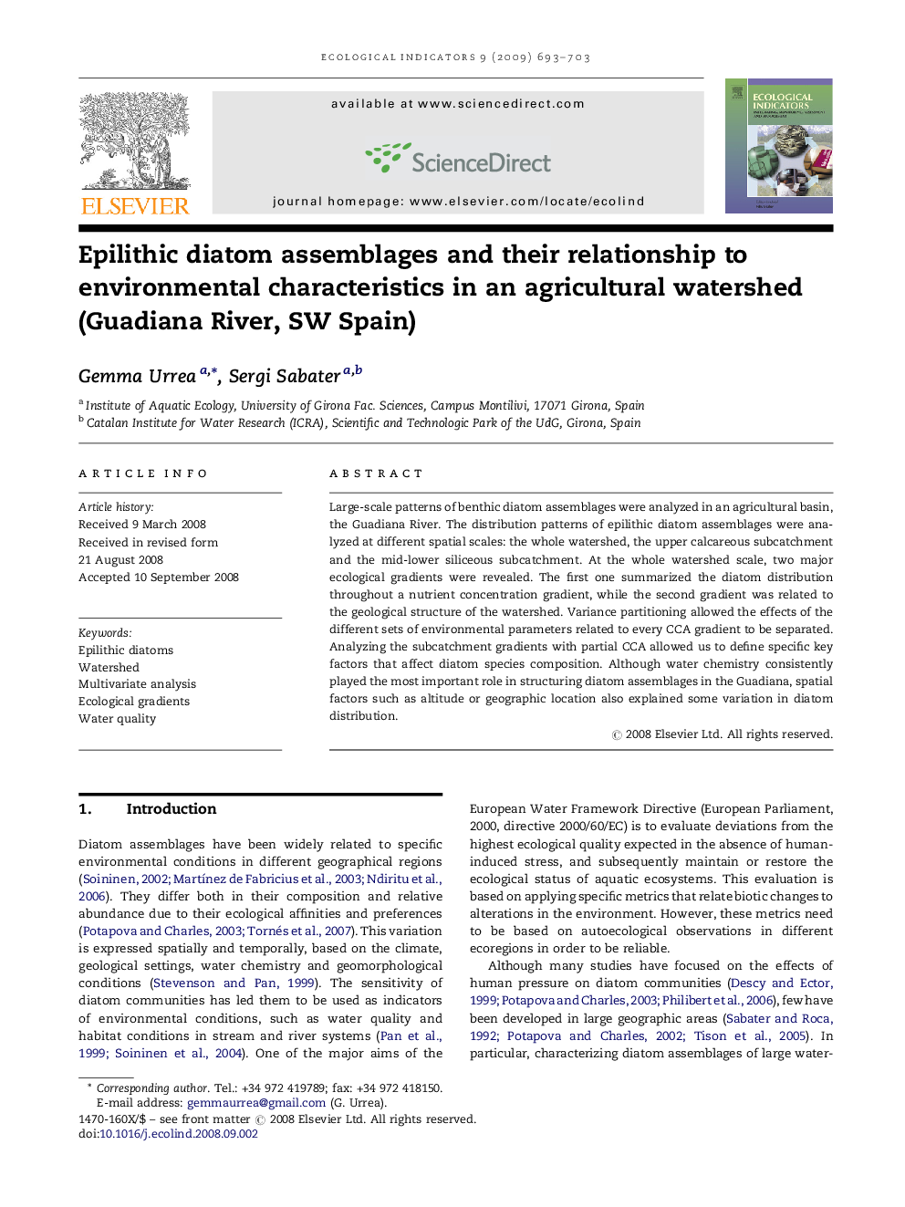 Epilithic diatom assemblages and their relationship to environmental characteristics in an agricultural watershed (Guadiana River, SW Spain)