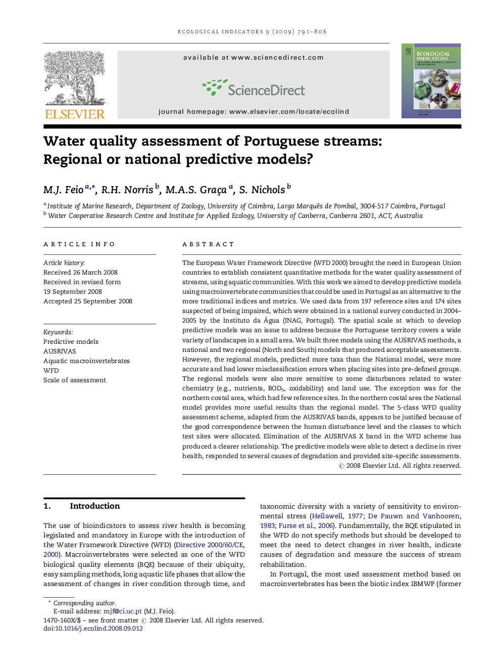 Water quality assessment of Portuguese streams: Regional or national predictive models?