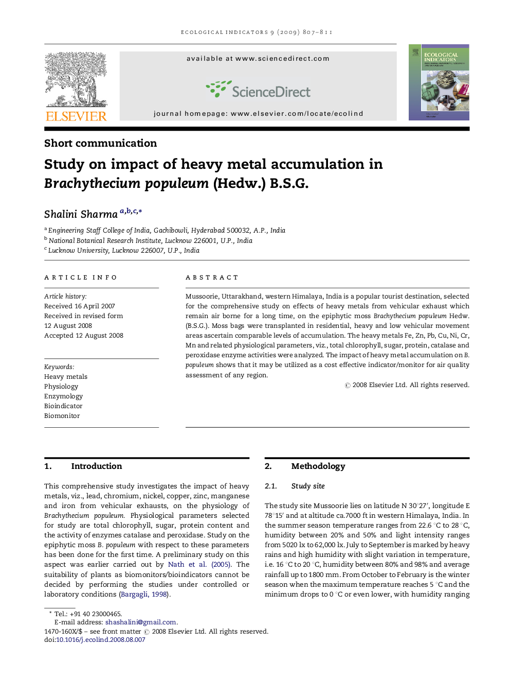 Study on impact of heavy metal accumulation in Brachythecium populeum (Hedw.) B.S.G.