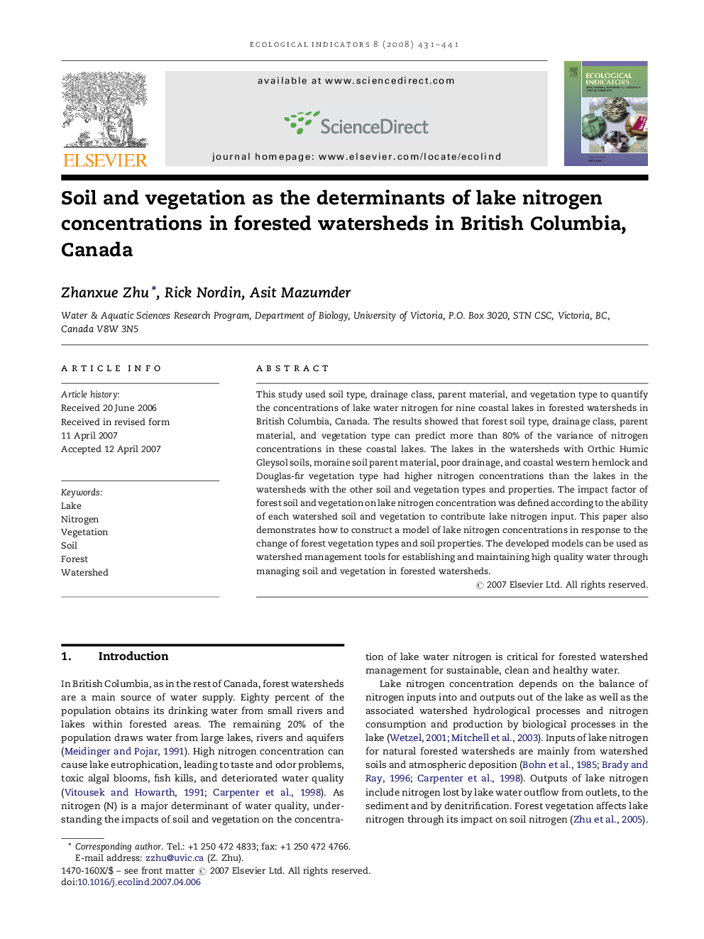 Soil and vegetation as the determinants of lake nitrogen concentrations in forested watersheds in British Columbia, Canada