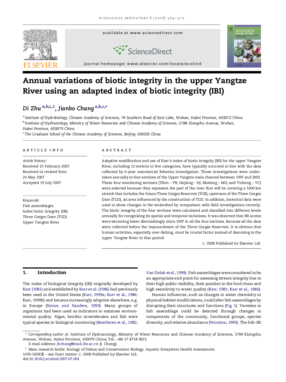 Annual variations of biotic integrity in the upper Yangtze River using an adapted index of biotic integrity (IBI)