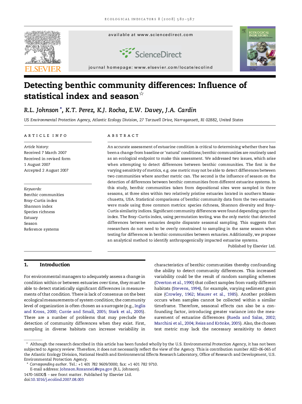 Detecting benthic community differences: Influence of statistical index and season 