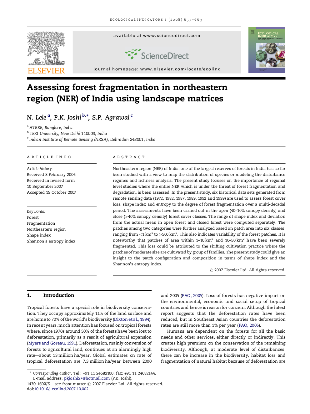 Assessing forest fragmentation in northeastern region (NER) of India using landscape matrices