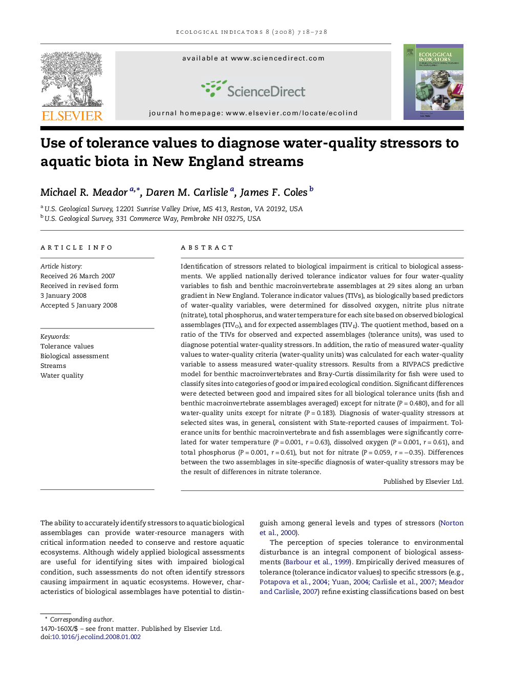 Use of tolerance values to diagnose water-quality stressors to aquatic biota in New England streams