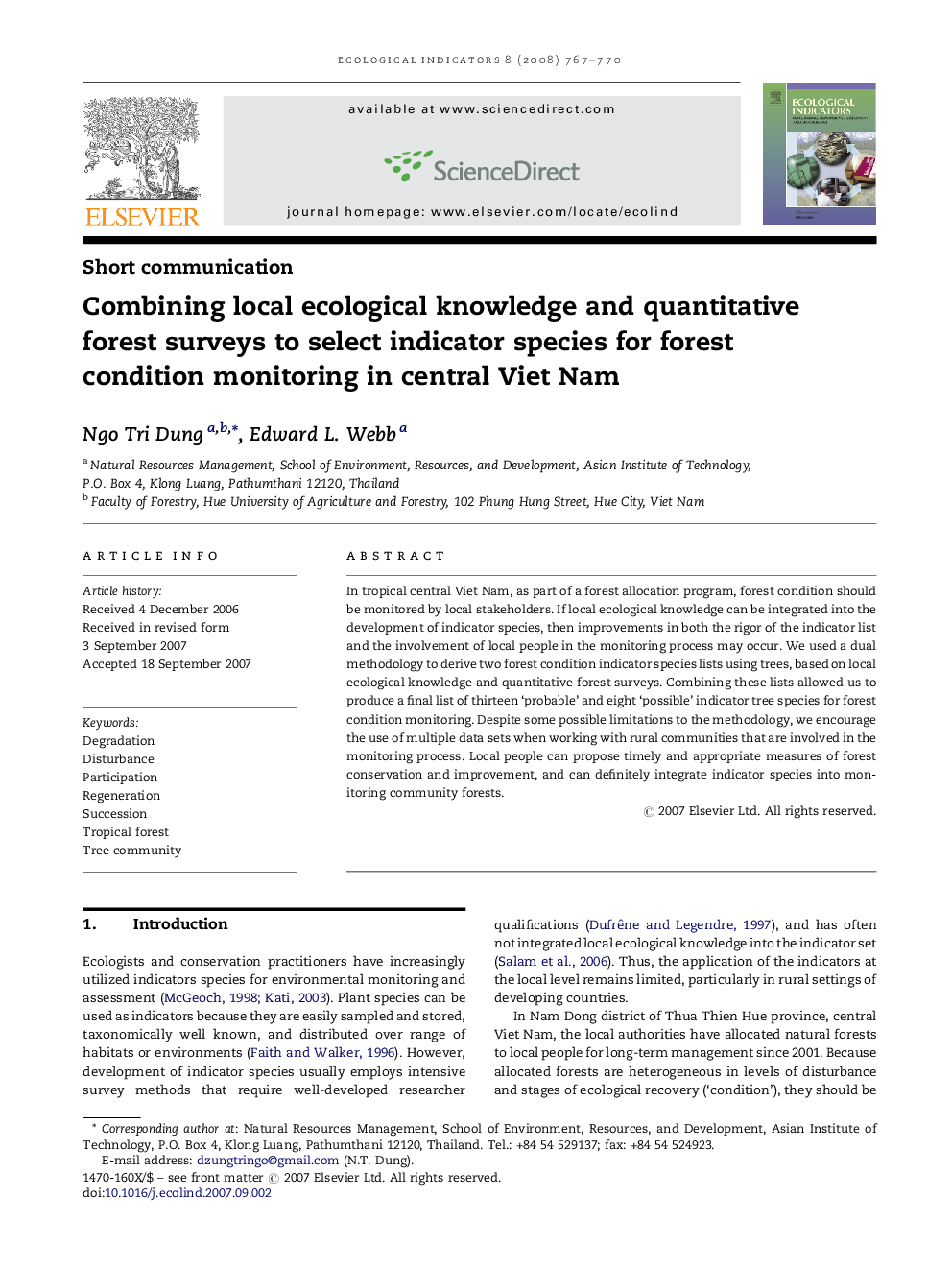 Combining local ecological knowledge and quantitative forest surveys to select indicator species for forest condition monitoring in central Viet Nam