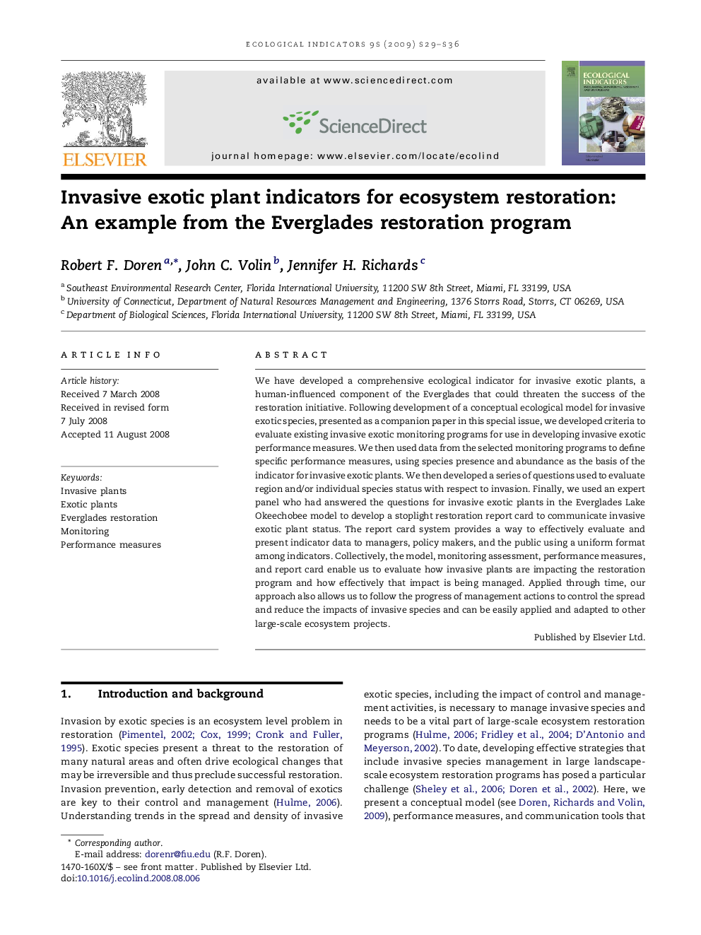 Invasive exotic plant indicators for ecosystem restoration: An example from the Everglades restoration program