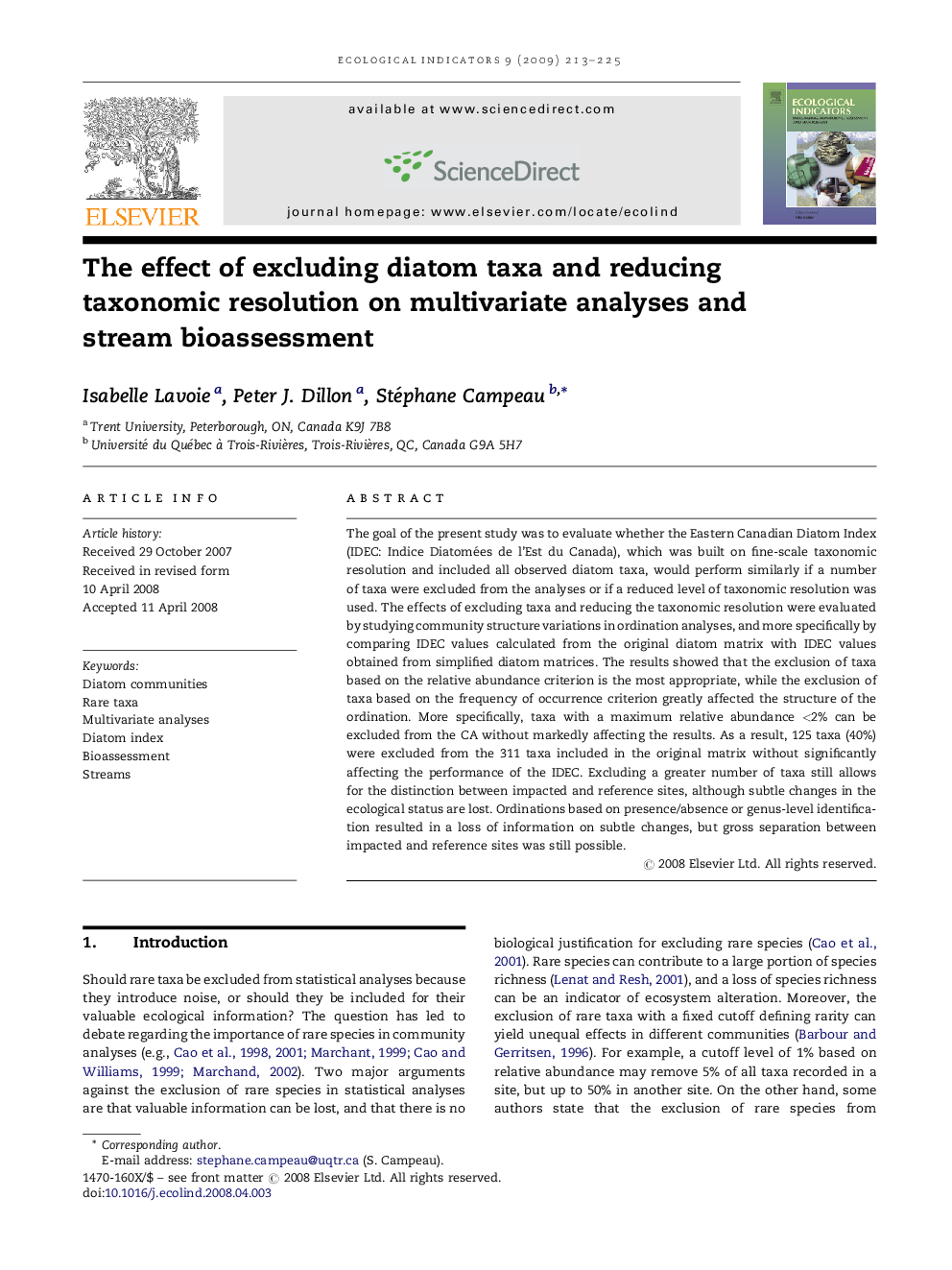 The effect of excluding diatom taxa and reducing taxonomic resolution on multivariate analyses and stream bioassessment