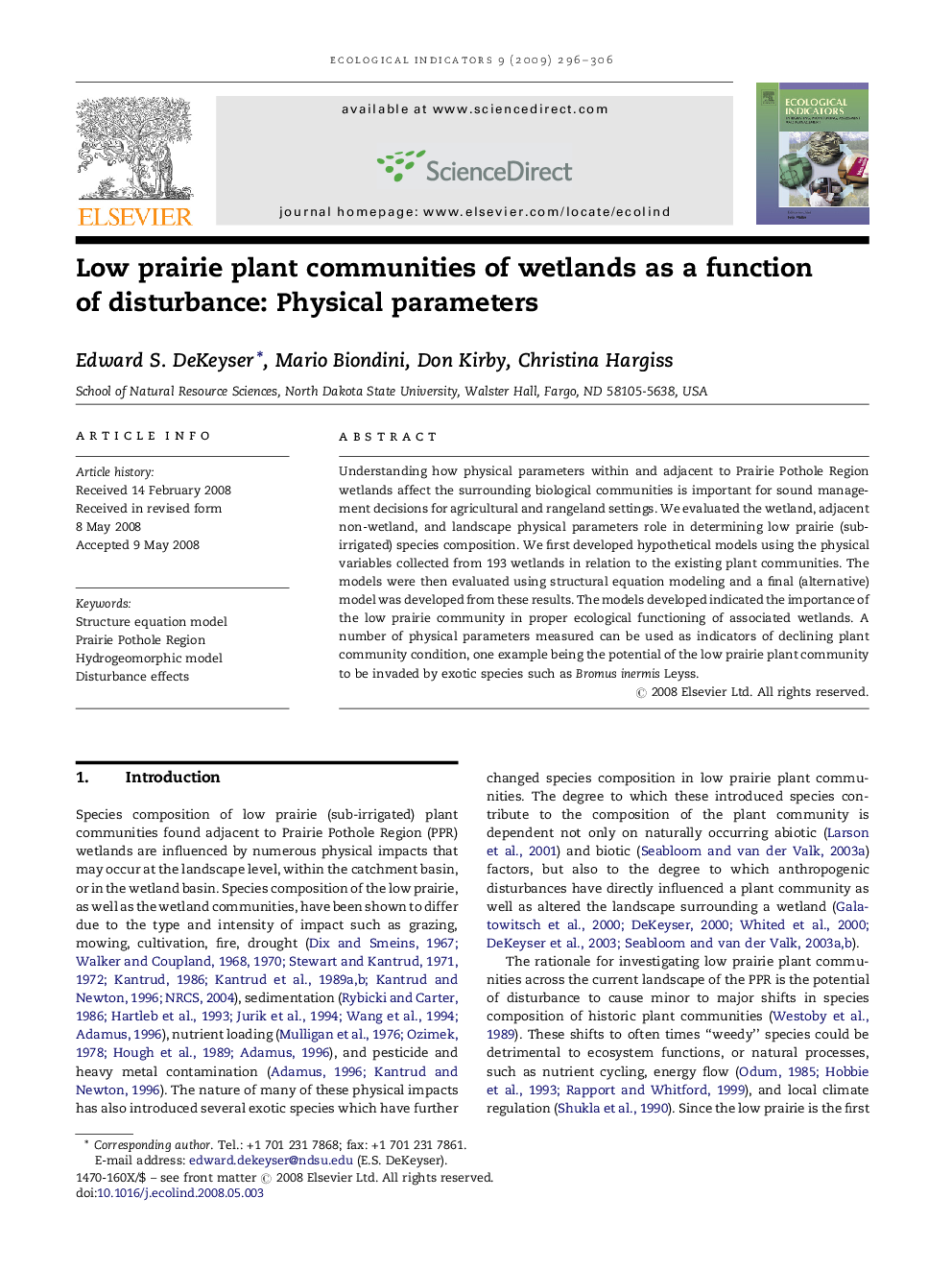 Low prairie plant communities of wetlands as a function of disturbance: Physical parameters