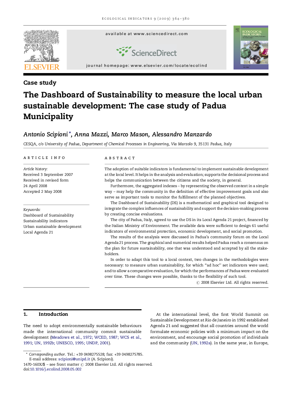 The Dashboard of Sustainability to measure the local urban sustainable development: The case study of Padua Municipality