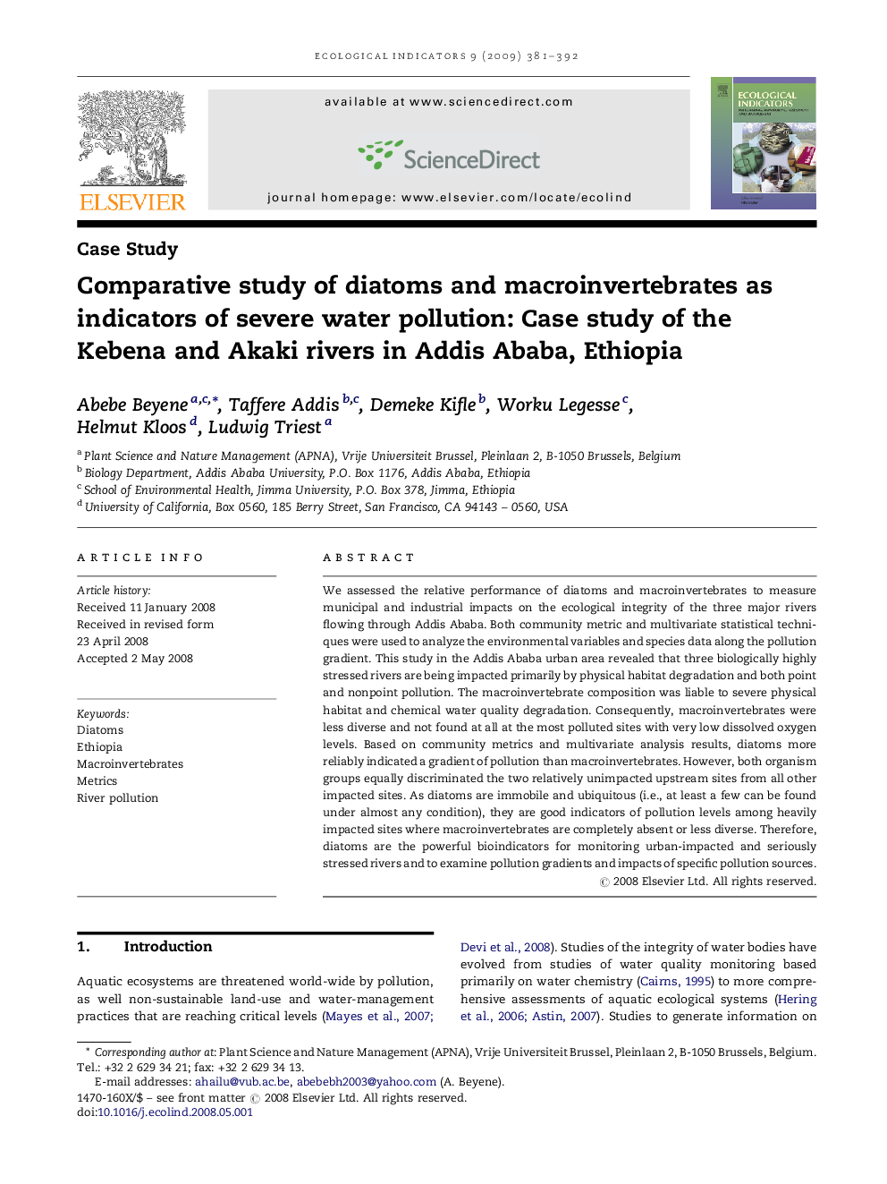 Comparative study of diatoms and macroinvertebrates as indicators of severe water pollution: Case study of the Kebena and Akaki rivers in Addis Ababa, Ethiopia