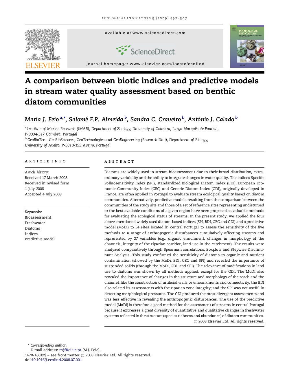 A comparison between biotic indices and predictive models in stream water quality assessment based on benthic diatom communities