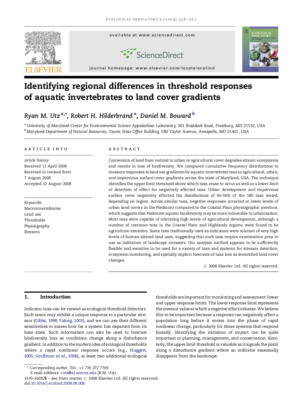 Identifying regional differences in threshold responses of aquatic invertebrates to land cover gradients