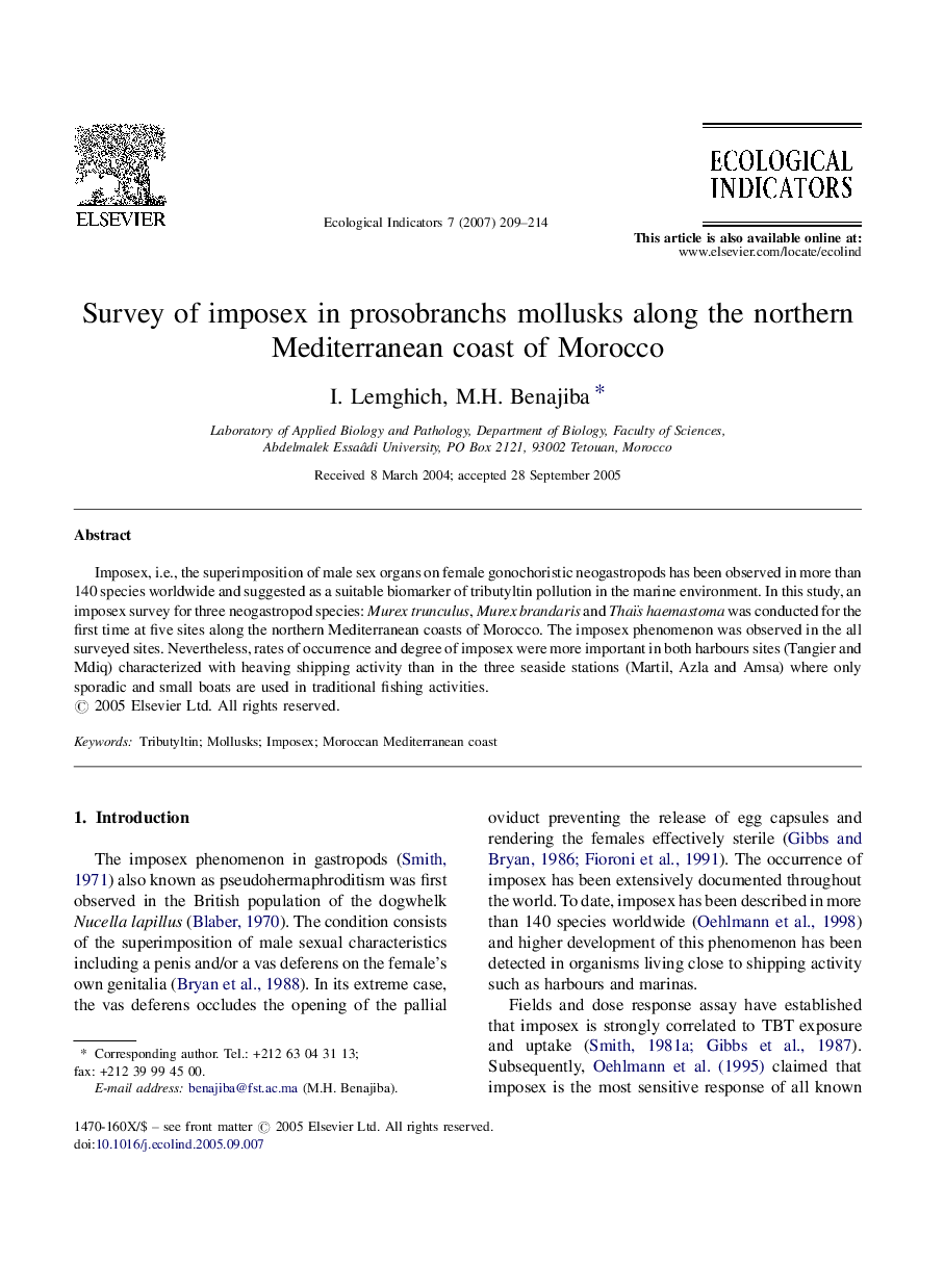 Survey of imposex in prosobranchs mollusks along the northern Mediterranean coast of Morocco