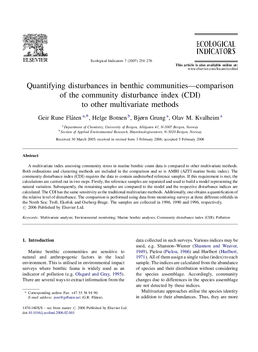 Quantifying disturbances in benthic communities—comparison of the community disturbance index (CDI) to other multivariate methods