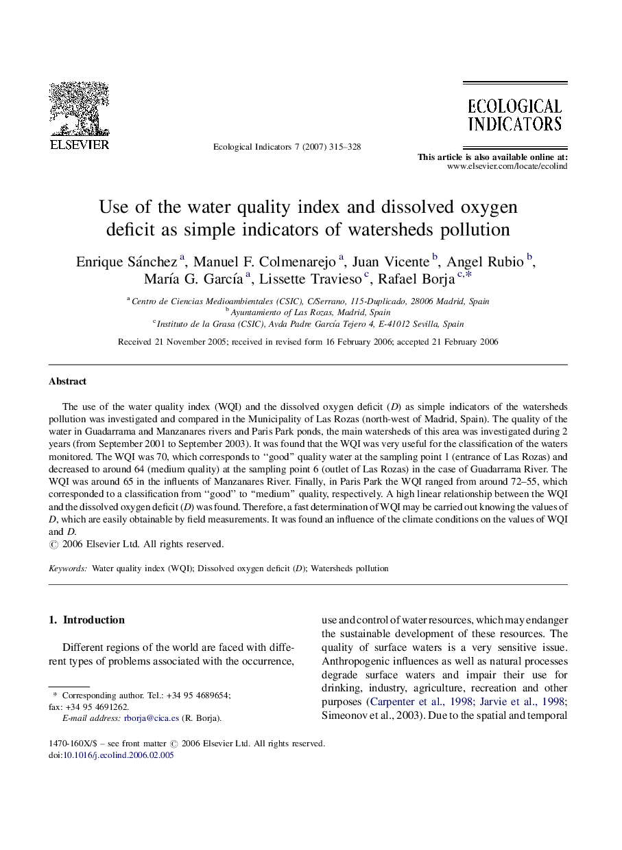 Use of the water quality index and dissolved oxygen deficit as simple indicators of watersheds pollution