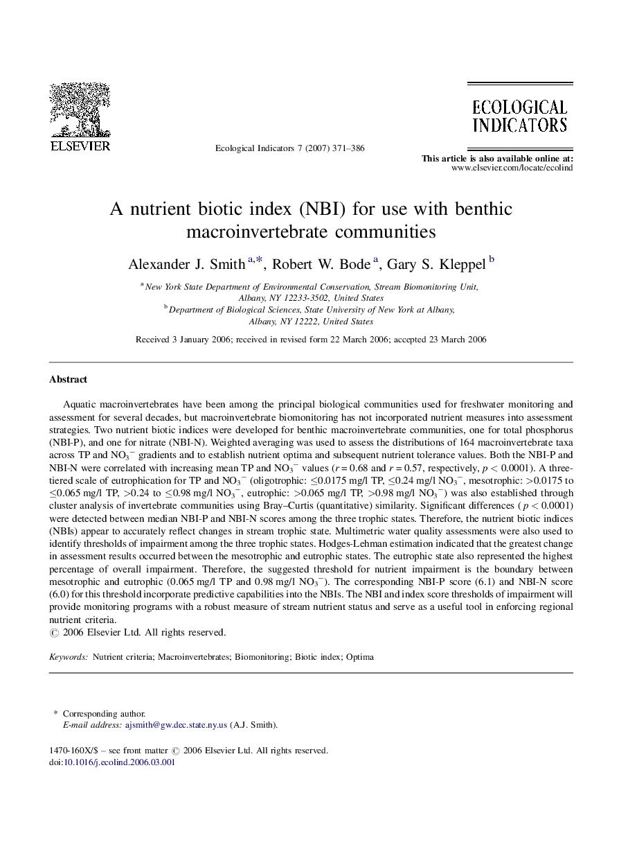 A nutrient biotic index (NBI) for use with benthic macroinvertebrate communities