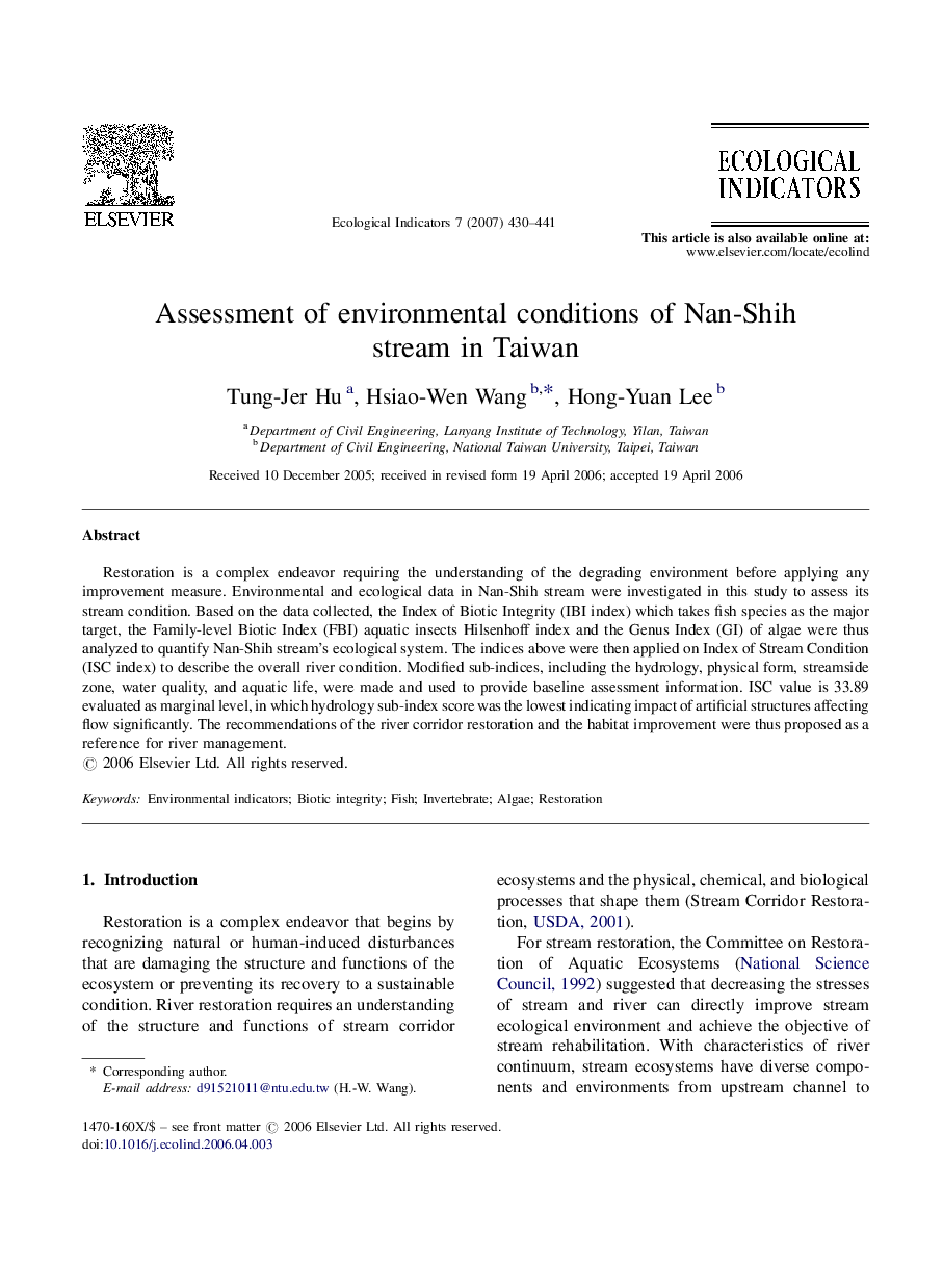 Assessment of environmental conditions of Nan-Shih stream in Taiwan