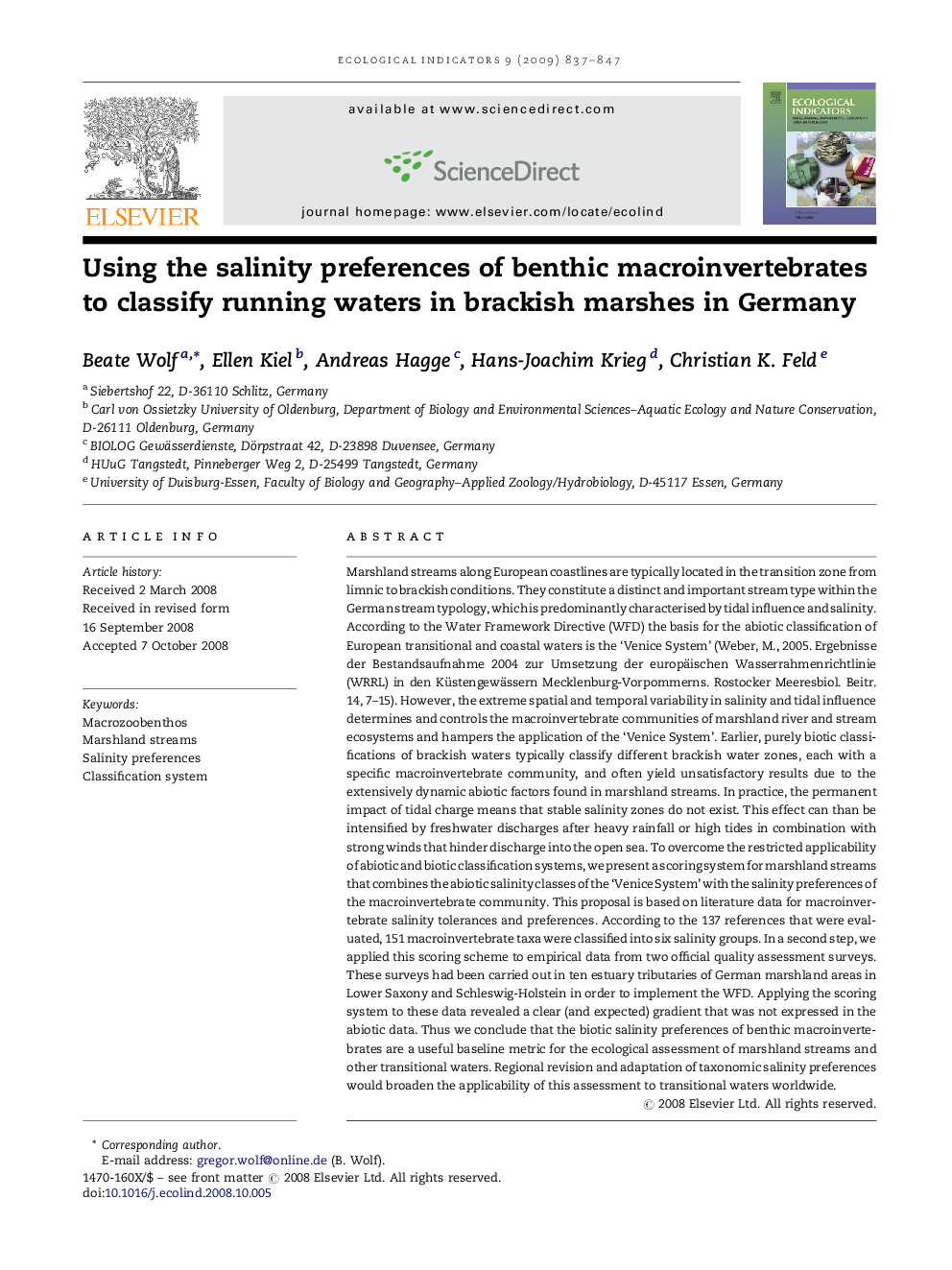 Using the salinity preferences of benthic macroinvertebrates to classify running waters in brackish marshes in Germany