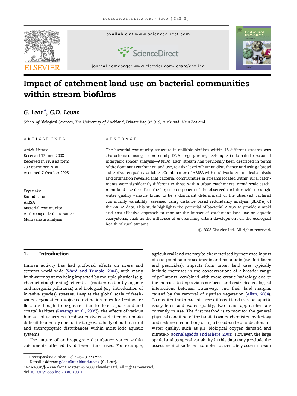 Impact of catchment land use on bacterial communities within stream biofilms