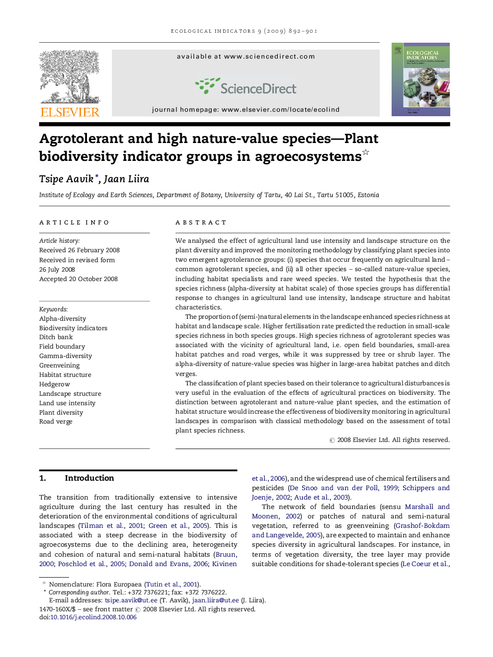 Agrotolerant and high nature-value species—Plant biodiversity indicator groups in agroecosystems 