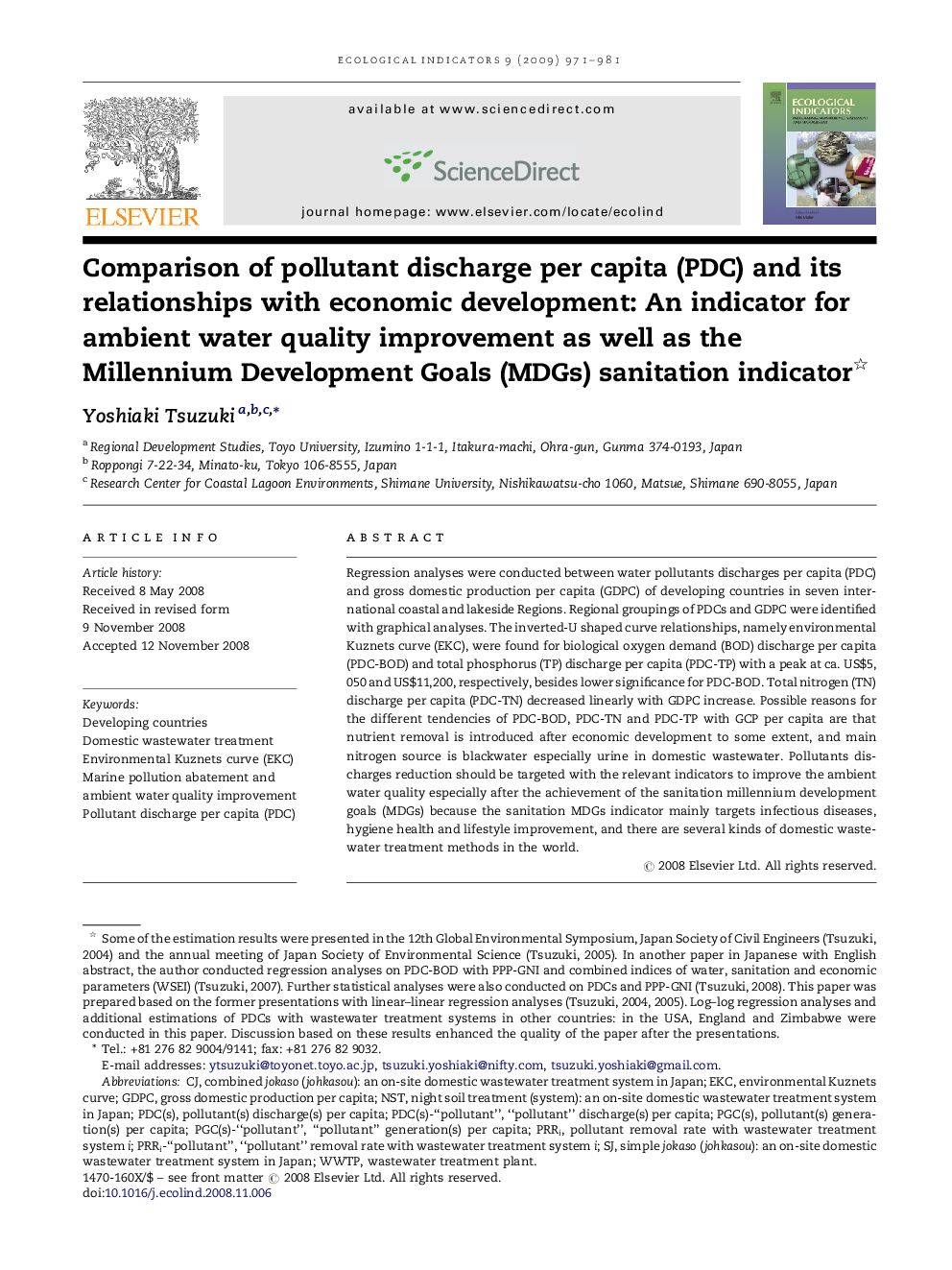 Comparison of pollutant discharge per capita (PDC) and its relationships with economic development: An indicator for ambient water quality improvement as well as the Millennium Development Goals (MDGs) sanitation indicator 