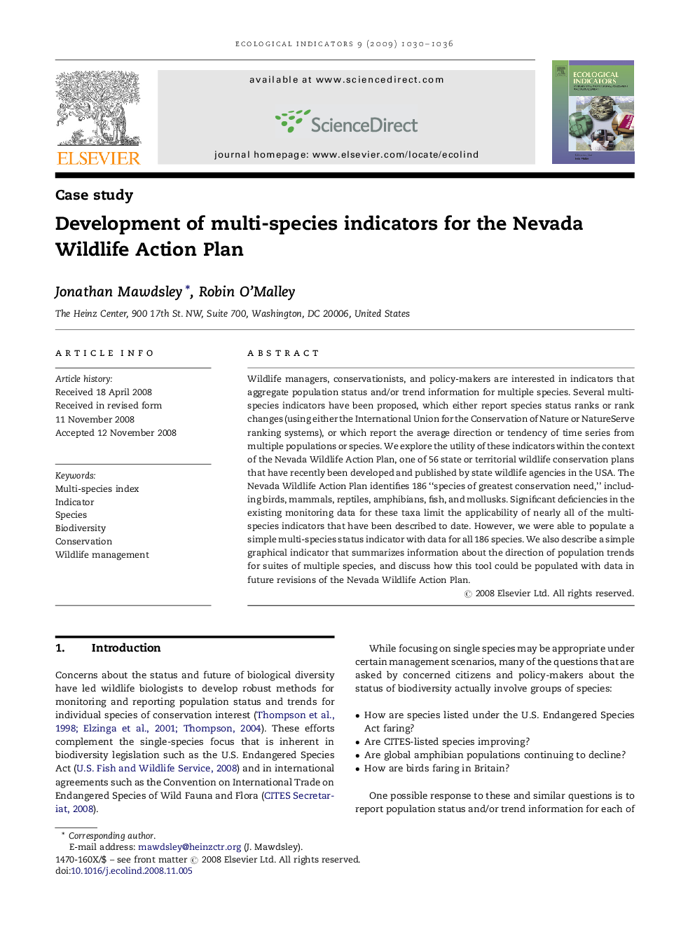 Development of multi-species indicators for the Nevada Wildlife Action Plan