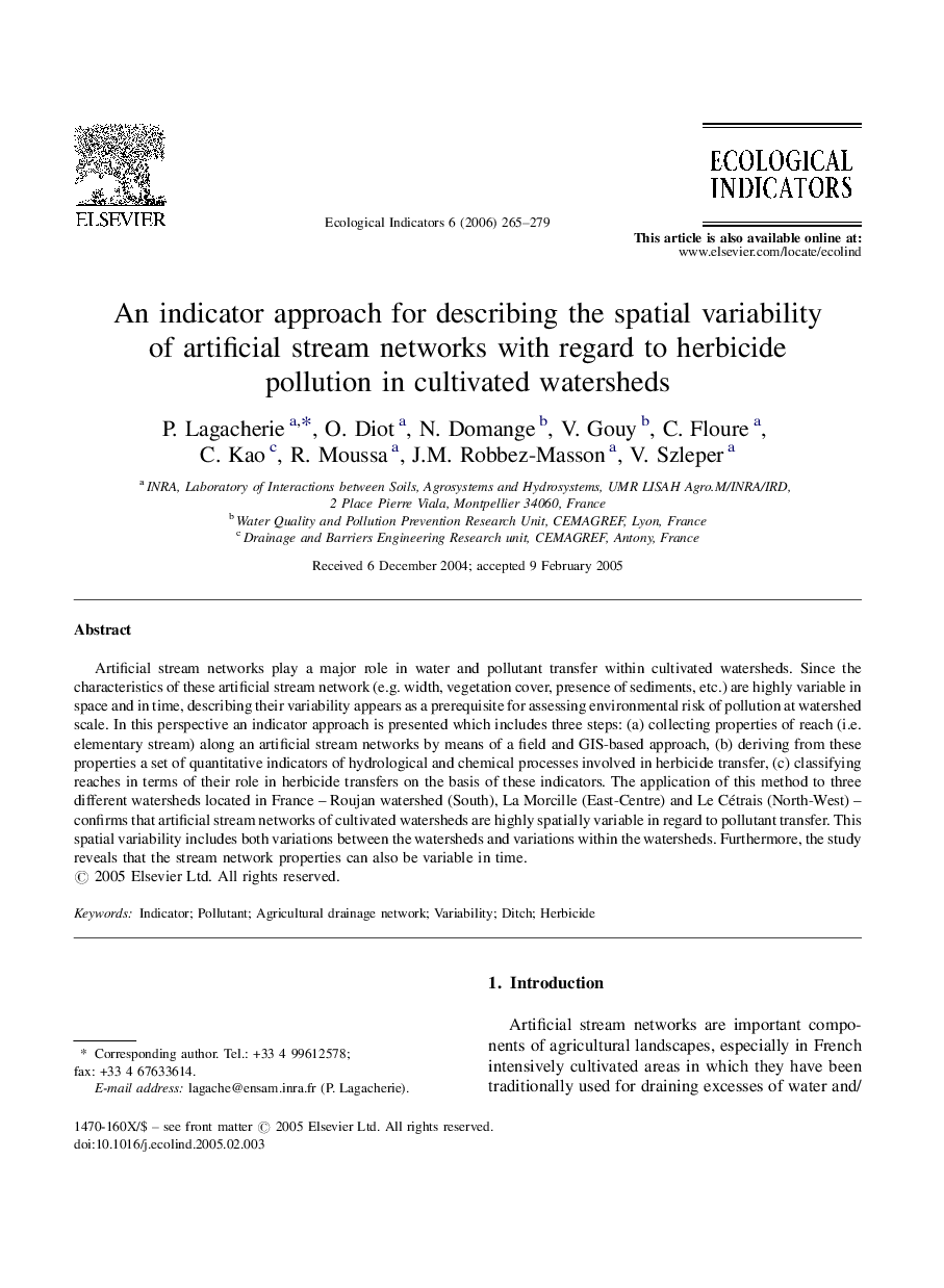 An indicator approach for describing the spatial variability of artificial stream networks with regard to herbicide pollution in cultivated watersheds