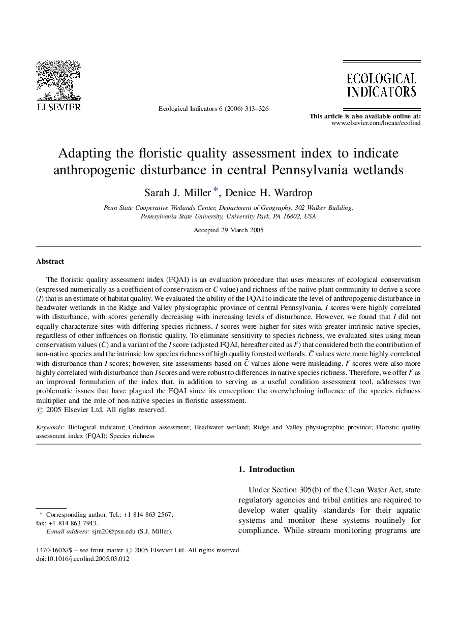 Adapting the floristic quality assessment index to indicate anthropogenic disturbance in central Pennsylvania wetlands