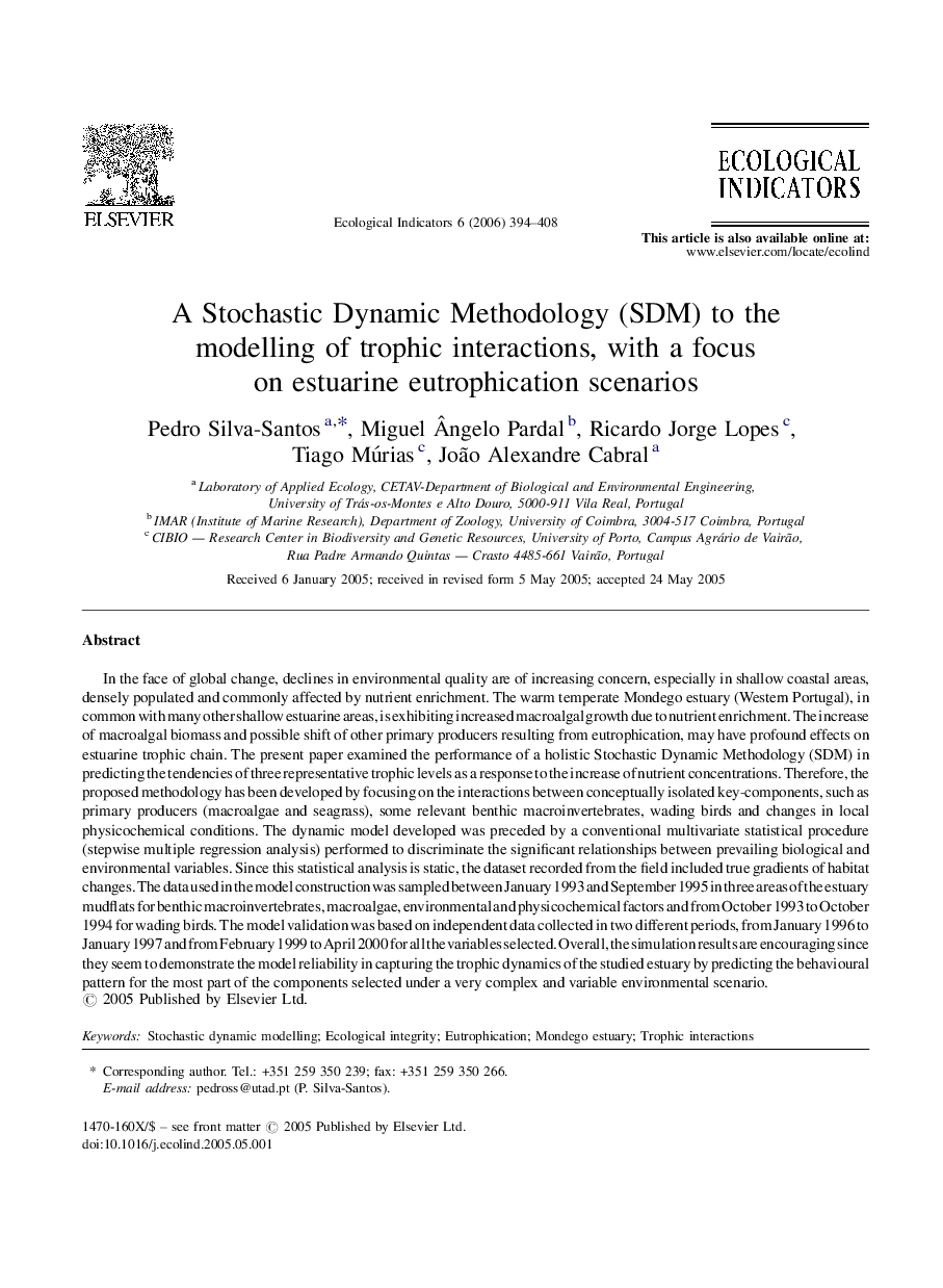 A Stochastic Dynamic Methodology (SDM) to the modelling of trophic interactions, with a focus on estuarine eutrophication scenarios