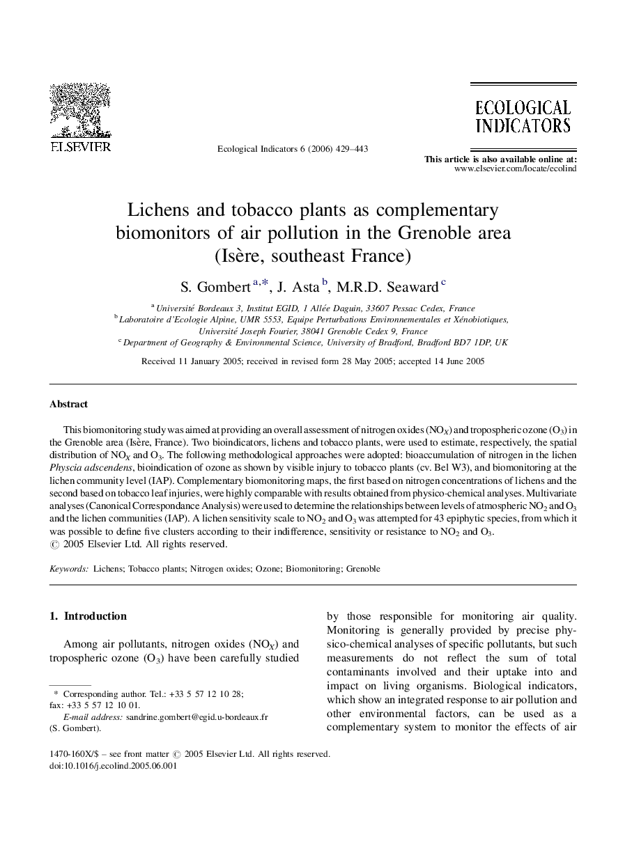 Lichens and tobacco plants as complementary biomonitors of air pollution in the Grenoble area (Isère, southeast France)