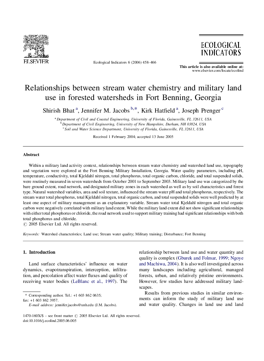 Relationships between stream water chemistry and military land use in forested watersheds in Fort Benning, Georgia