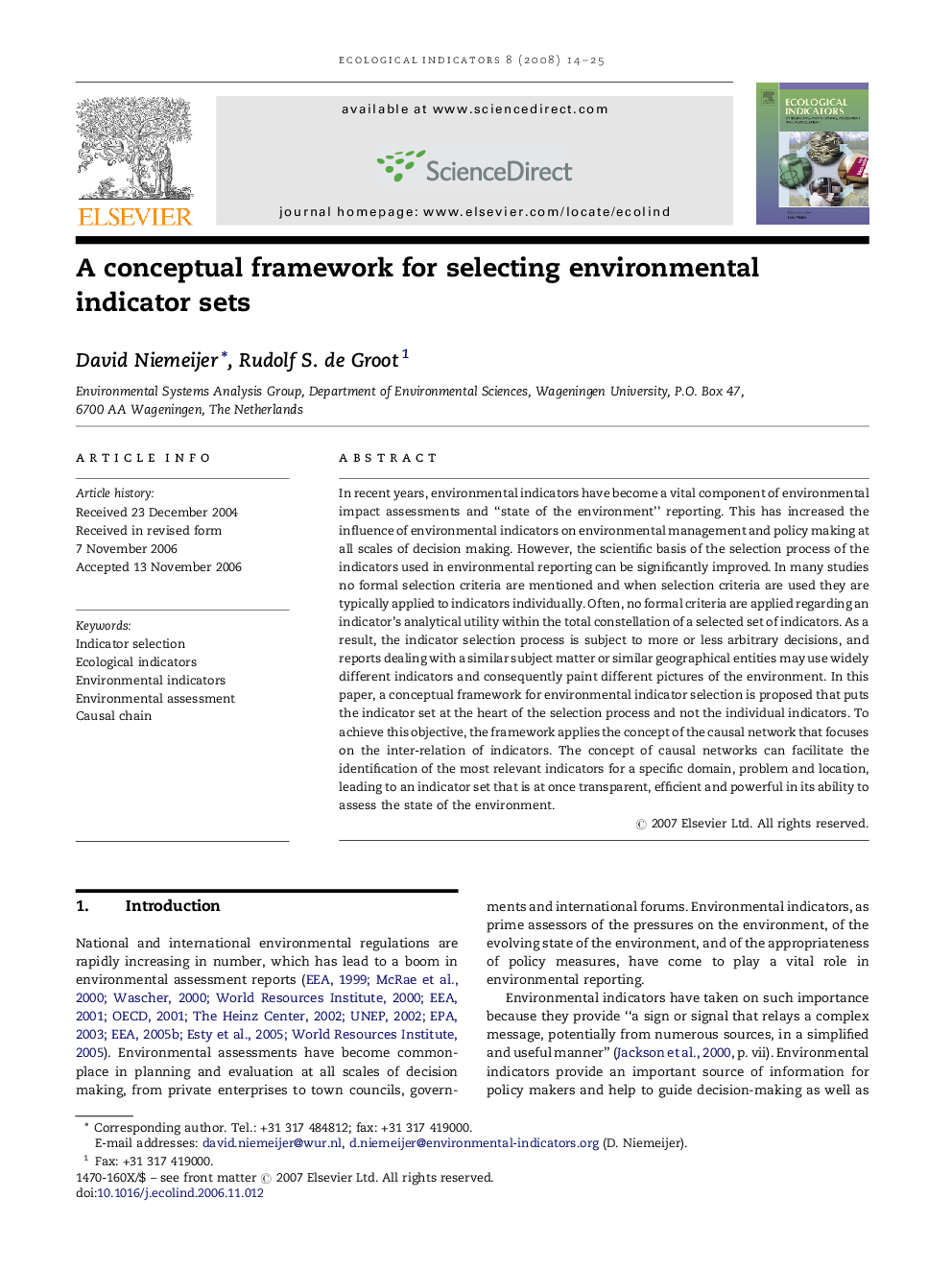 A conceptual framework for selecting environmental indicator sets