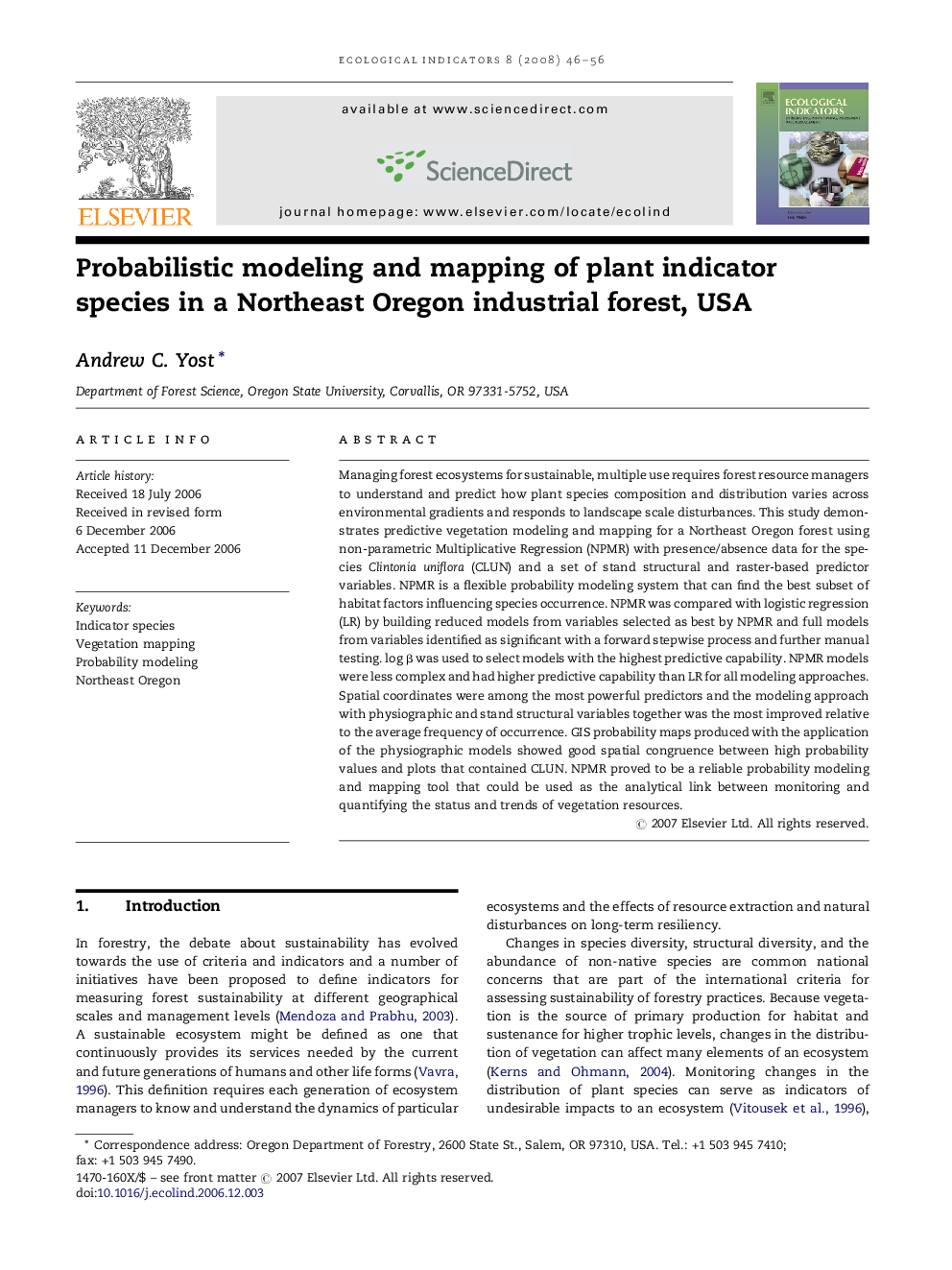 Probabilistic modeling and mapping of plant indicator species in a Northeast Oregon industrial forest, USA